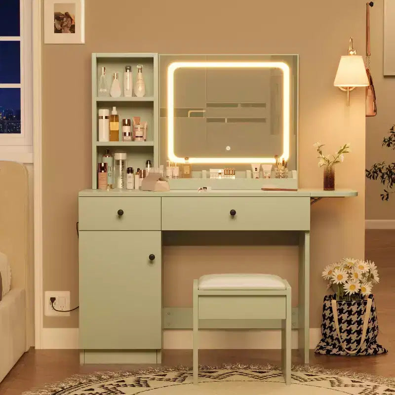 Conjunto de tocador GustoWave con espejo iluminado, taburete con almacenamiento y superficie extensible; escritorio de maquillaje y vestidor con gabinete y estantes