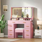 42 Makeup Vanity Desk with Large Mirror & 8 Drawers, Modern Dressing Table with Glass Top, Storage Stool, for Bedroom Dressing Room