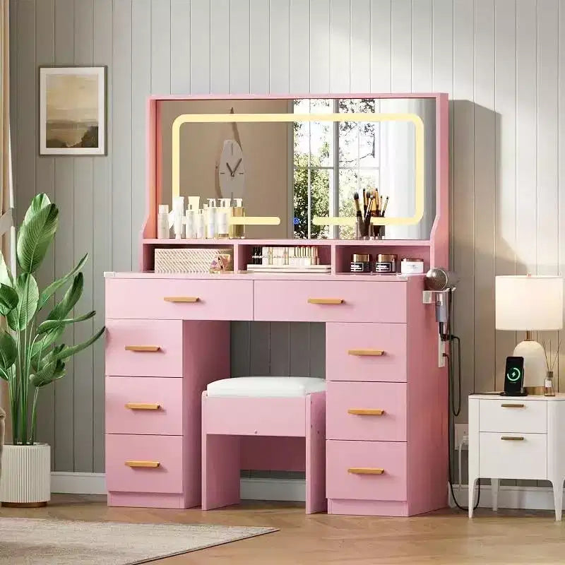 42 Makeup Vanity Desk with Large Mirror & 8 Drawers, Modern Dressing Table with Glass Top, Storage Stool, for Bedroom Dressing Room