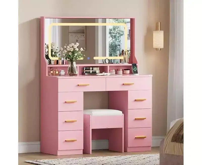 42 Makeup Vanity Desk with Large Mirror & 8 Drawers, Modern Dressing Table with Glass Top, Storage Stool, for Bedroom Dressing Room