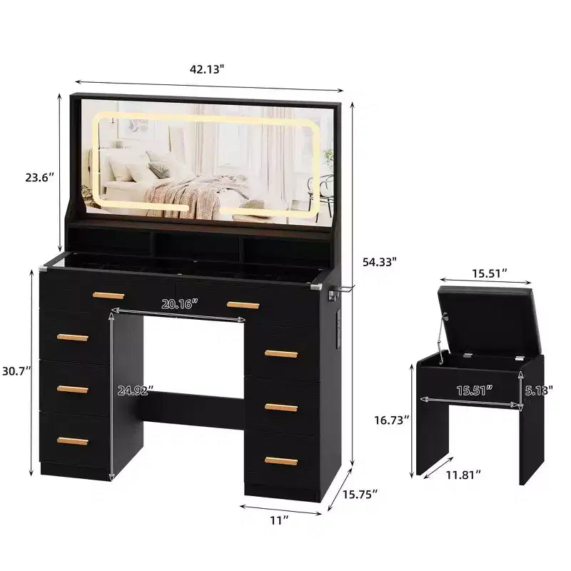 42 Makeup Vanity Desk with Large Mirror & 8 Drawers, Modern Dressing Table with Glass Top, Storage Stool, for Bedroom Dressing Room
