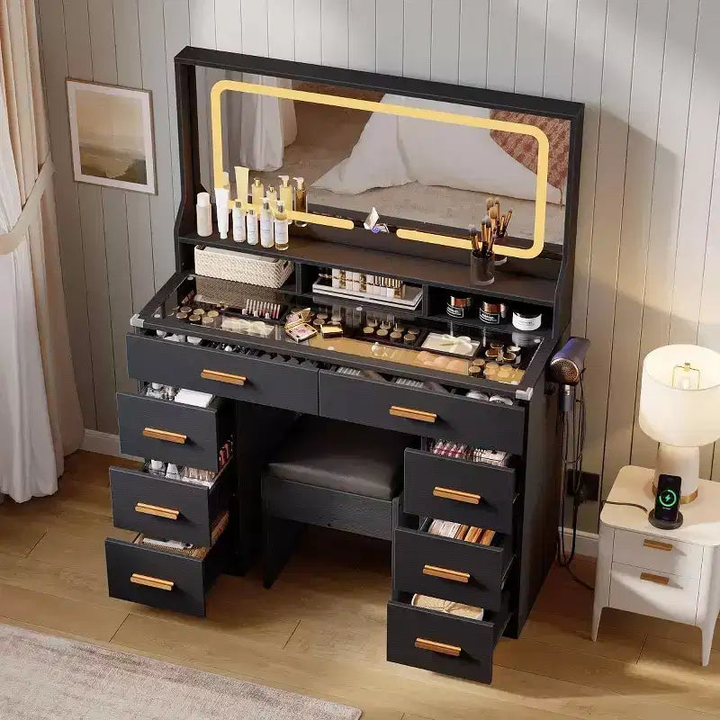 42 Makeup Vanity Desk with Large Mirror & 8 Drawers, Modern Dressing Table with Glass Top, Storage Stool, for Bedroom Dressing Room
