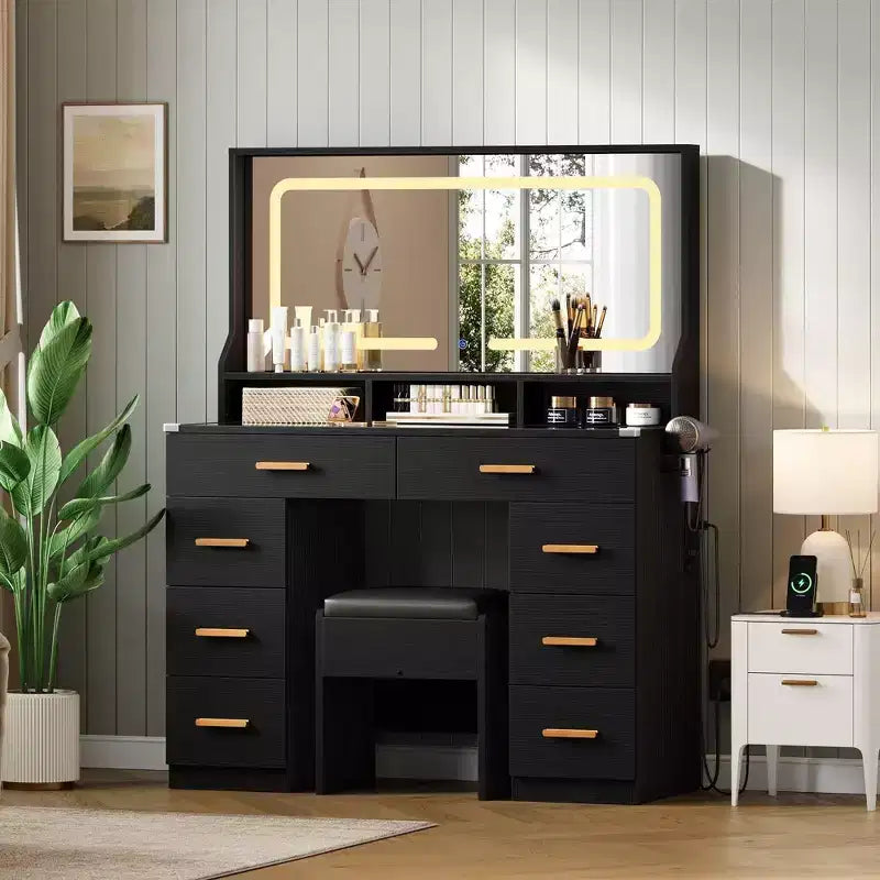42 Makeup Vanity Desk with Large Mirror & 8 Drawers, Modern Dressing Table with Glass Top, Storage Stool, for Bedroom Dressing Room