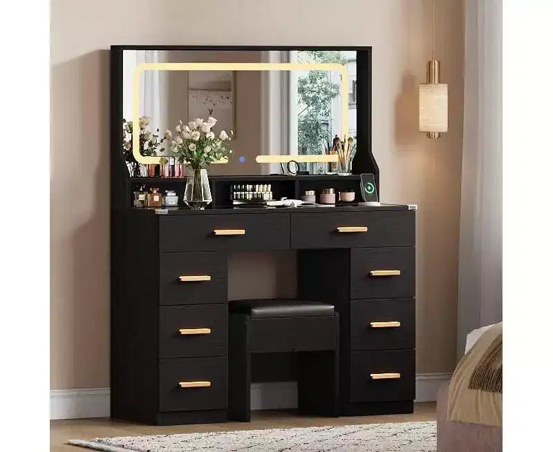 42 Makeup Vanity Desk with Large Mirror & 8 Drawers, Modern Dressing Table with Glass Top, Storage Stool, for Bedroom Dressing Room
