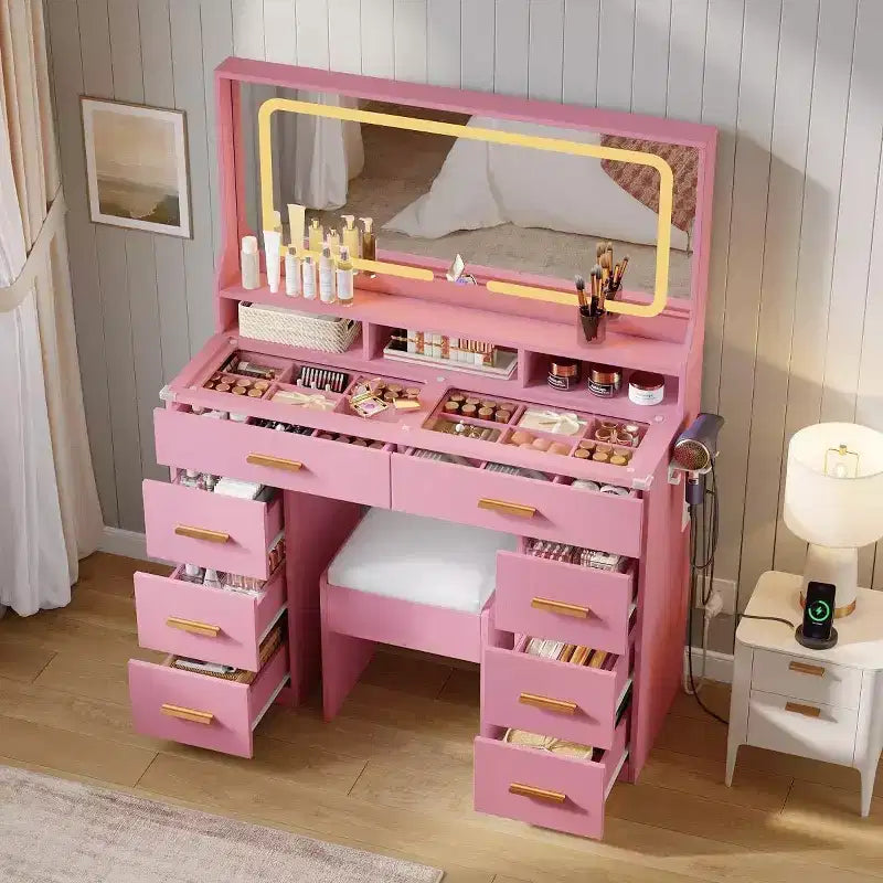 42 Makeup Vanity Desk with Large Mirror & 8 Drawers, Modern Dressing Table with Glass Top, Storage Stool, for Bedroom Dressing Room