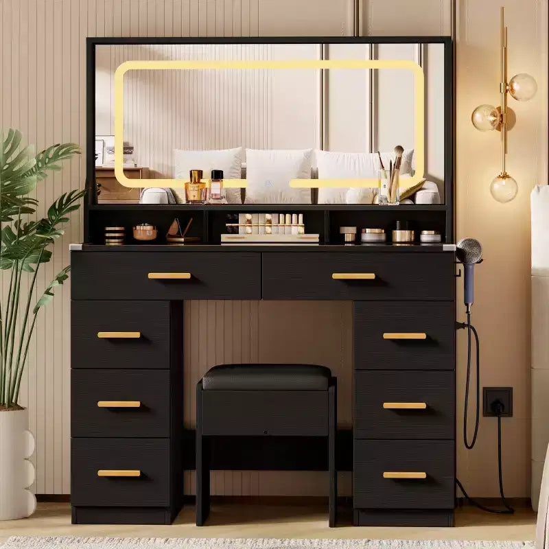 42 Makeup Vanity Desk with Large Mirror & 8 Drawers, Modern Dressing Table with Glass Top, Storage Stool, for Bedroom Dressing Room