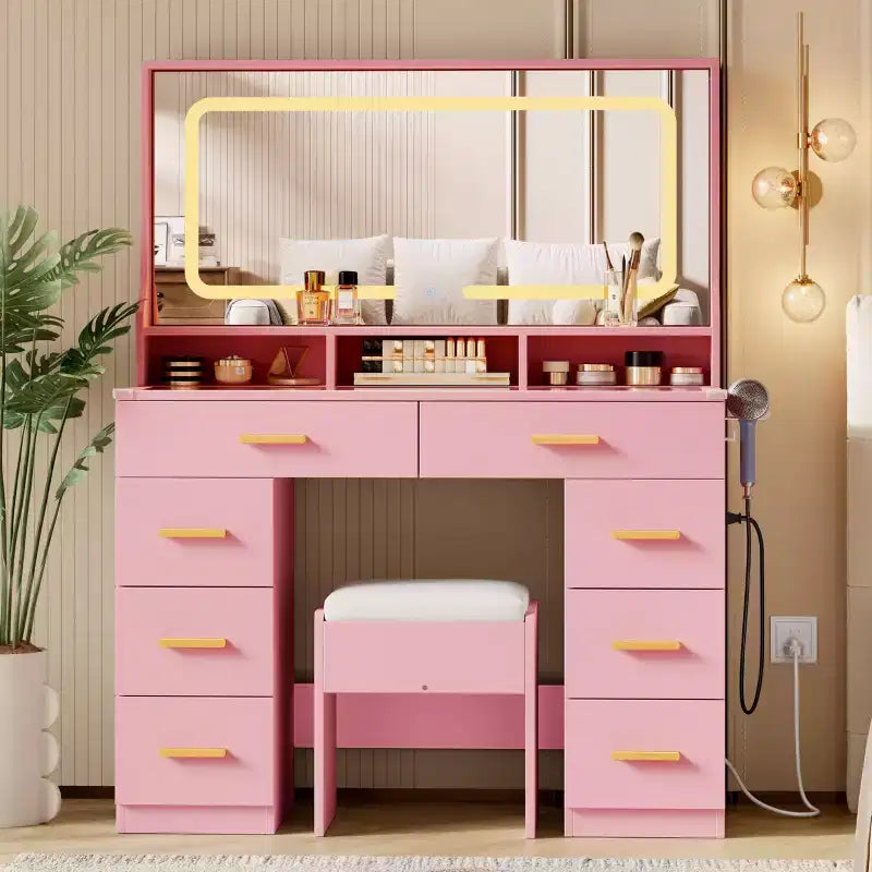 42 Makeup Vanity Desk with Large Mirror & 8 Drawers, Modern Dressing Table with Glass Top, Storage Stool, for Bedroom Dressing Room