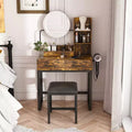 Vanity Desk with LED Lights, Power Outlet & 2 Drawers, Metal Legs, Brown