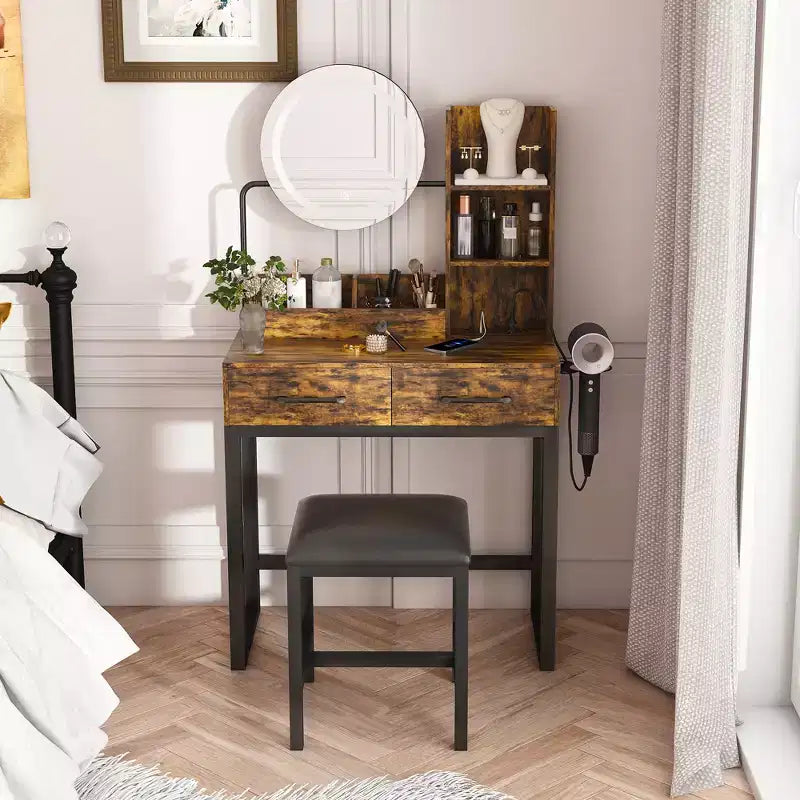 Vanity Desk with LED Lights, Power Outlet & 2 Drawers, Metal Legs, Brown