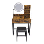 Make-uptafel met ledverlichting, stopcontact en 2 laden, metalen poten, bruin