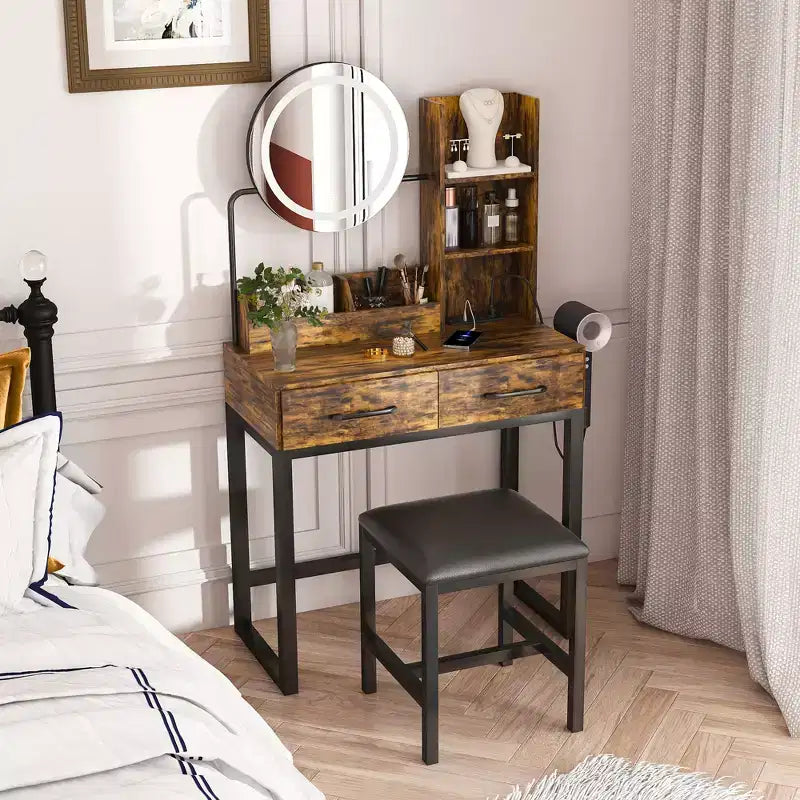 Make-uptafel met ledverlichting, stopcontact en 2 laden, metalen poten, bruin
