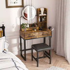 Make-uptafel met ledverlichting, stopcontact en 2 laden, metalen poten, bruin