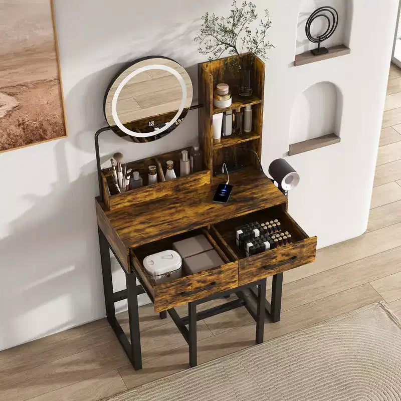 Make-uptafel met ledverlichting, stopcontact en 2 laden, metalen poten, bruin
