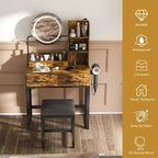 Make-uptafel met ledverlichting, stopcontact en 2 laden, metalen poten, bruin