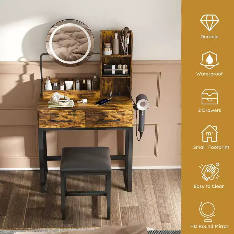 Make-uptafel met ledverlichting, stopcontact en 2 laden, metalen poten, bruin