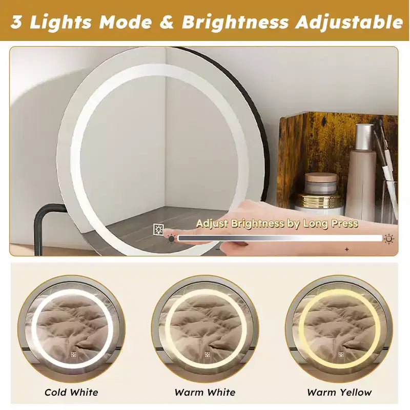 Make-uptafel met ledverlichting, stopcontact en 2 laden, metalen poten, bruin