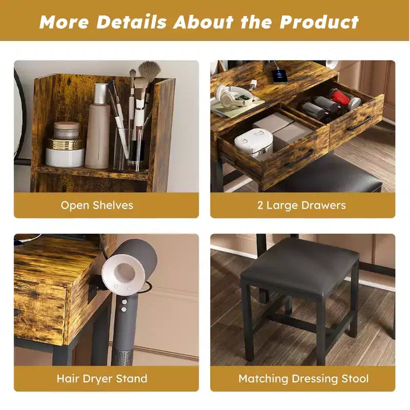 Make-uptafel met ledverlichting, stopcontact en 2 laden, metalen poten, bruin