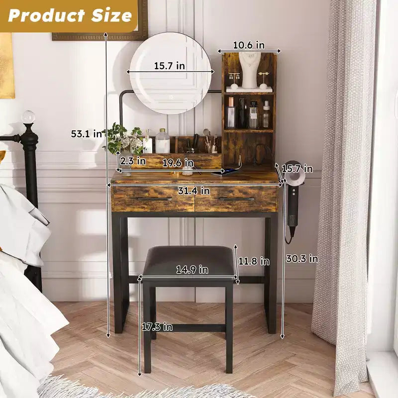 Make-uptafel met ledverlichting, stopcontact en 2 laden, metalen poten, bruin