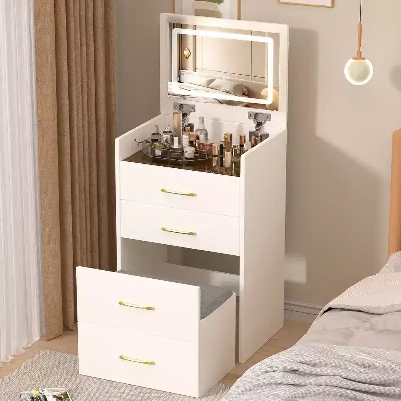 3-in-1 Flip Mirror Vanity Desk & Nightstand, Compact with Storage, Glass Top