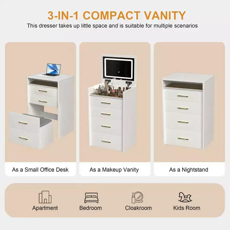 3-in-1 Flip Mirror Vanity Desk & Nightstand, Compact with Storage, Glass Top