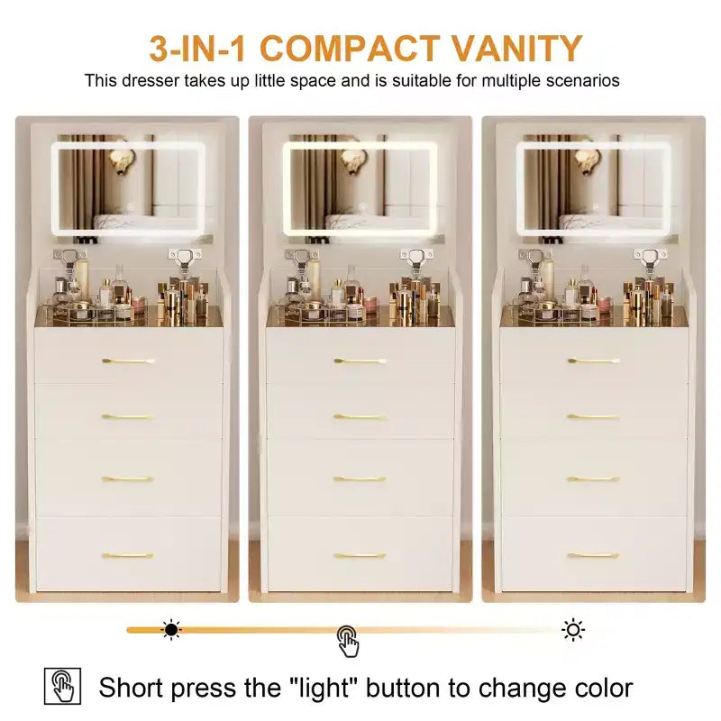 3-in-1 Flip Mirror Vanity Desk & Nightstand, Compact with Storage, Glass Top