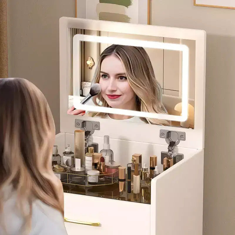 3-in-1 Flip Mirror Vanity Desk & Nightstand, Compact with Storage, Glass Top
