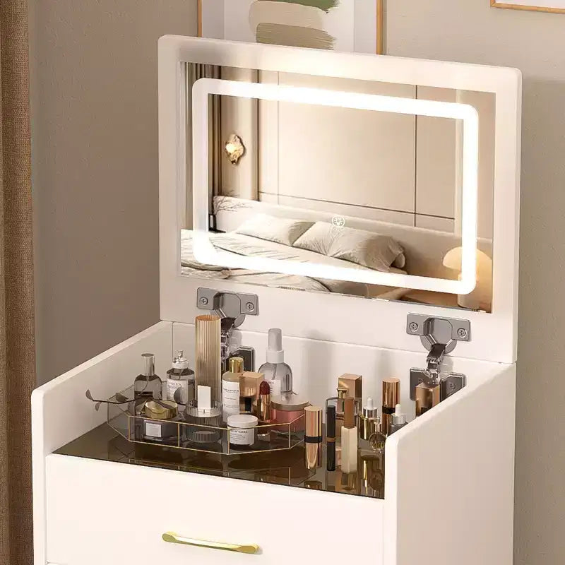 3-in-1 Flip Mirror Vanity Desk & Nightstand, Compact with Storage, Glass Top