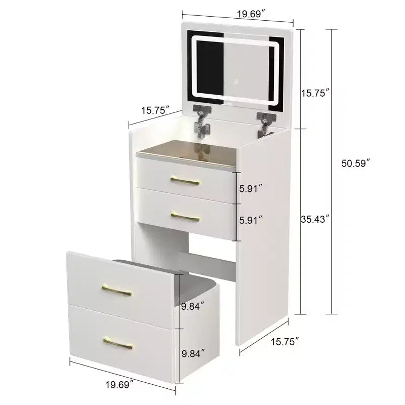 3-in-1 Flip Mirror Vanity Desk & Nightstand, Compact with Storage, Glass Top