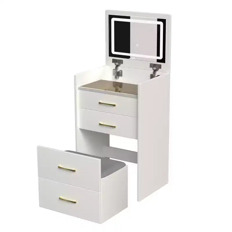 3-in-1 Flip Mirror Vanity Desk & Nightstand, Compact with Storage, Glass Top