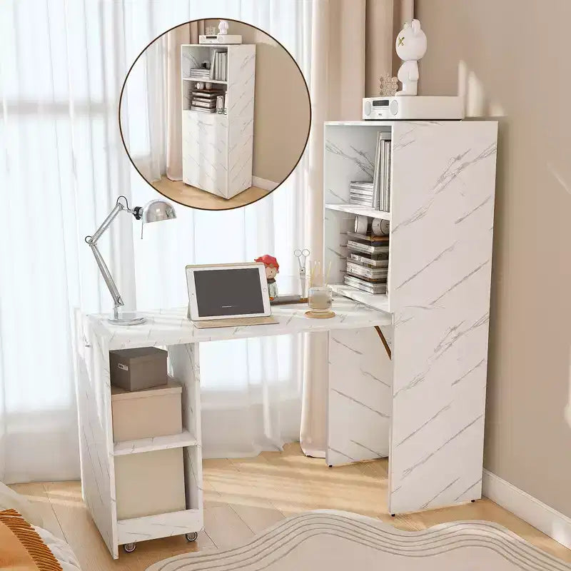 Extendable Desk with Storage & Wheels, Foldable Office Desk for Small Spaces, White Marble
