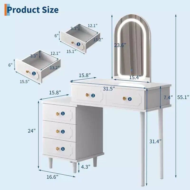Coolmee Schminktisch mit Spiegel und Beleuchtung, moderner weißer Schminktisch mit 2 Schubladen und verstellbarem Schrank mit 3 Schubladen, Frisiertisch aus Holz