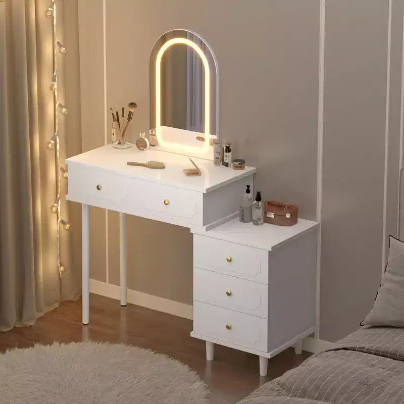 Coolmee Schminktisch mit Spiegel und Beleuchtung, moderner weißer Schminktisch mit 2 Schubladen und verstellbarem Schrank mit 3 Schubladen, Frisiertisch aus Holz