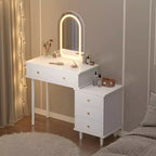 Coolmee Schminktisch mit Spiegel und Beleuchtung, moderner weißer Schminktisch mit 2 Schubladen und verstellbarem Schrank mit 3 Schubladen, Frisiertisch aus Holz