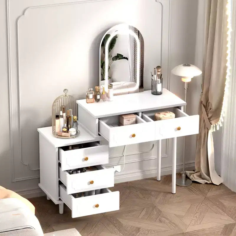 Coolmee Schminktisch mit Spiegel und Beleuchtung, moderner weißer Schminktisch mit 2 Schubladen und verstellbarem Schrank mit 3 Schubladen, Frisiertisch aus Holz