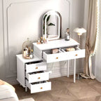 Coolmee Schminktisch mit Spiegel und Beleuchtung, moderner weißer Schminktisch mit 2 Schubladen und verstellbarem Schrank mit 3 Schubladen, Frisiertisch aus Holz