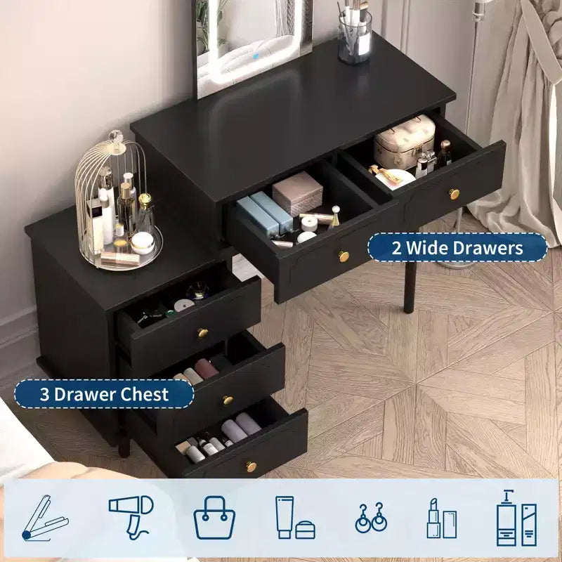 Coolmee Schminktisch mit Spiegel und Beleuchtung, moderner weißer Schminktisch mit 2 Schubladen und verstellbarem Schrank mit 3 Schubladen, Frisiertisch aus Holz