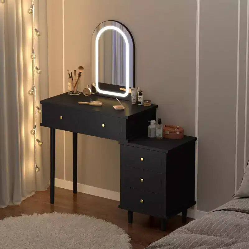 Coolmee Schminktisch mit Spiegel und Beleuchtung, moderner weißer Schminktisch mit 2 Schubladen und verstellbarem Schrank mit 3 Schubladen, Frisiertisch aus Holz