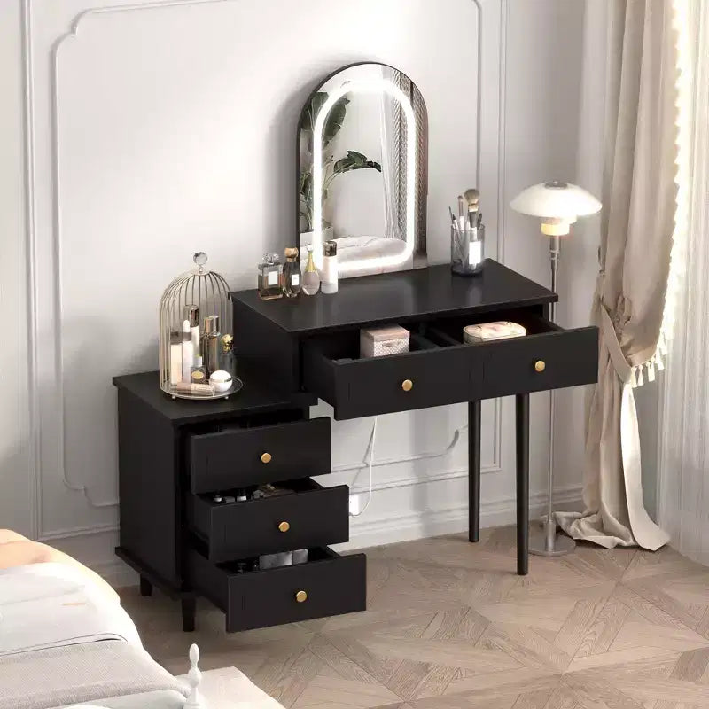 Coolmee Schminktisch mit Spiegel und Beleuchtung, moderner weißer Schminktisch mit 2 Schubladen und verstellbarem Schrank mit 3 Schubladen, Frisiertisch aus Holz