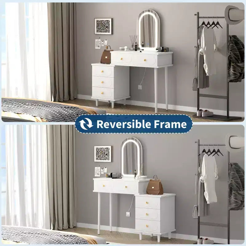 Coolmee Schminktisch mit Spiegel und Beleuchtung, moderner weißer Schminktisch mit 2 Schubladen und verstellbarem Schrank mit 3 Schubladen, Frisiertisch aus Holz
