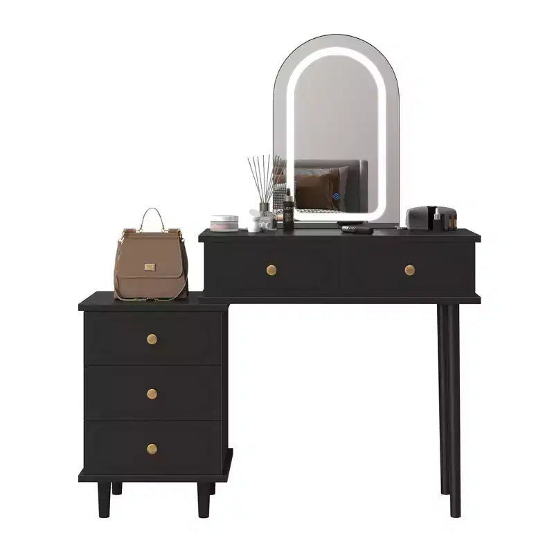Coolmee Makeup Vanity Desk with Mirror and Lights, Modern White Vanity Table with 2 Drawers & Adjustable 3-Drawer Cabinet, Wood Dressing Table