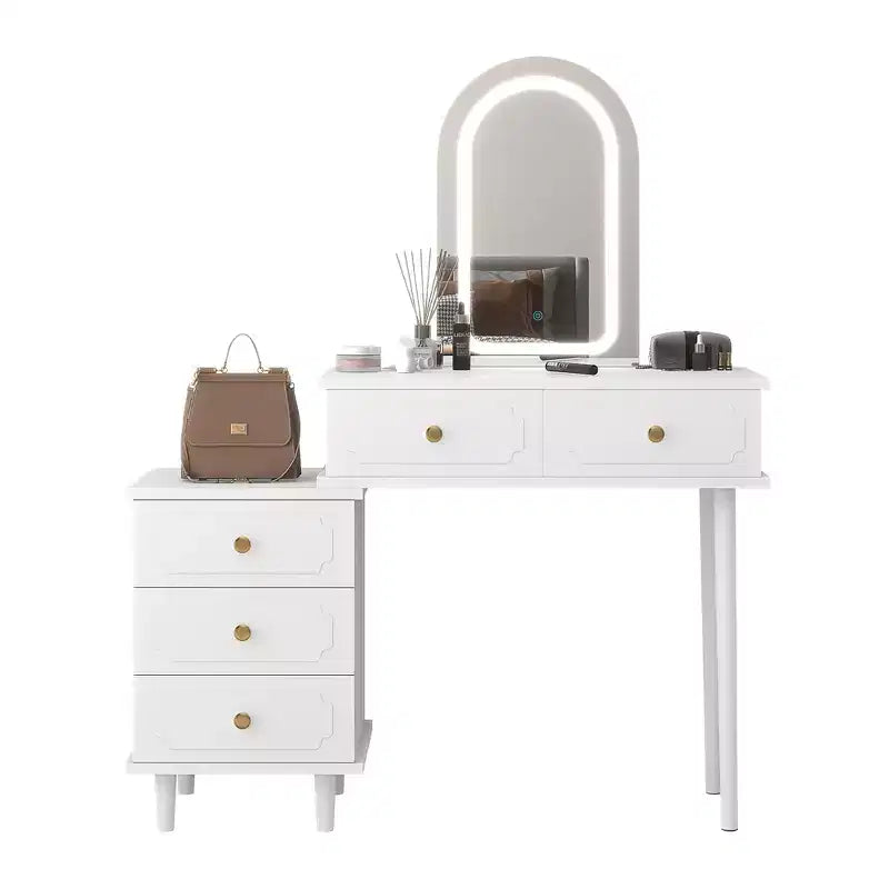 Escritorio tocador de maquillaje Coolmee con espejo y luces, mesa tocador blanca moderna con 2 cajones y gabinete ajustable de 3 cajones, mesa tocador de madera