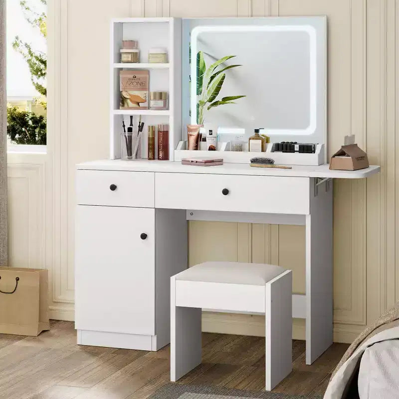Makeup Vanity Desk with Mirror and Lights, Vanity Desk Set with Outlet & Drawers & Open Shelf & Storage Cabinet, Vanity Table Set for Bedroom