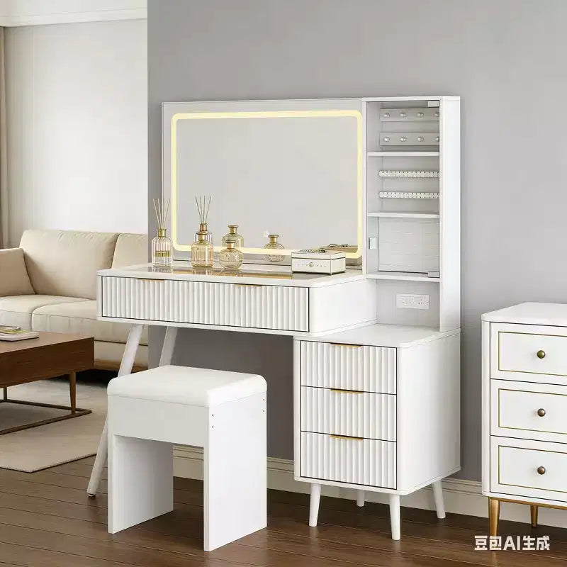Kaptafel met verlichte spiegel, make-uptafel met oplaadstation, kaptafel met glazen blad en gestoffeerde opberghocker voor de slaapkamer