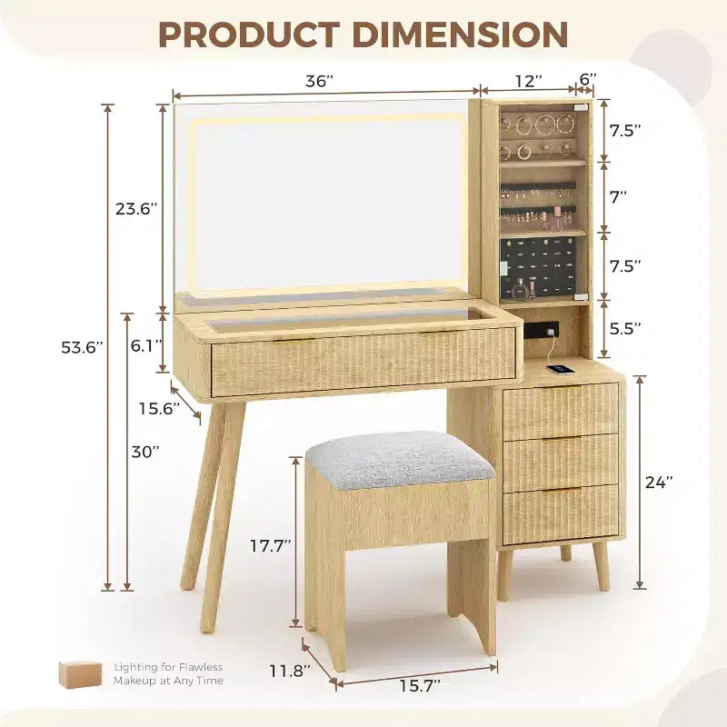 Kaptafel met verlichte spiegel, make-uptafel met oplaadstation, kaptafel met glazen blad en gestoffeerde opberghocker voor de slaapkamer