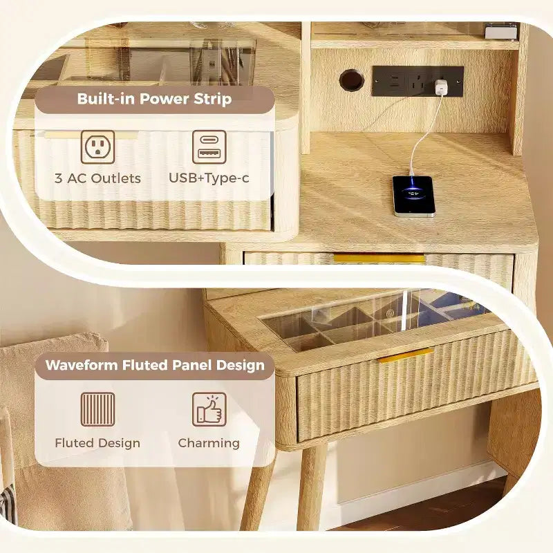Kaptafel met verlichte spiegel, make-uptafel met oplaadstation, kaptafel met glazen blad en gestoffeerde opberghocker voor de slaapkamer