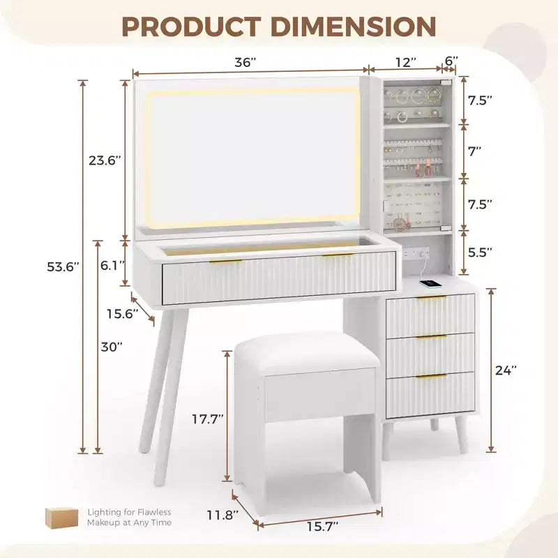 Kaptafel met verlichte spiegel, make-uptafel met oplaadstation, kaptafel met glazen blad en gestoffeerde opberghocker voor de slaapkamer