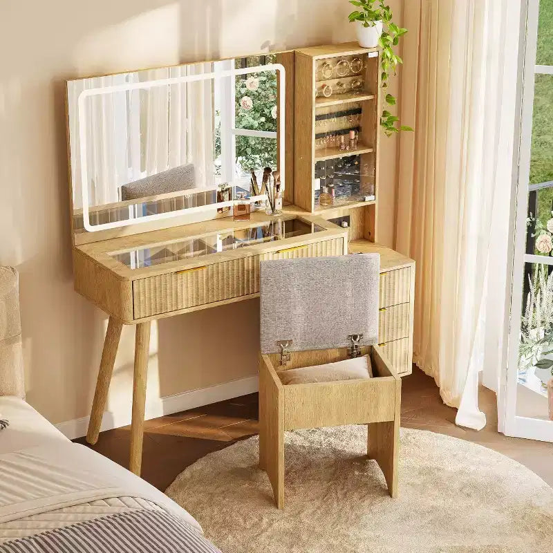 Vanity Desk with Lighted Mirror, Makeup Vanity with Charging Station, Glass Top Dressing Table with Cushioned Storage Stool for Bedroom