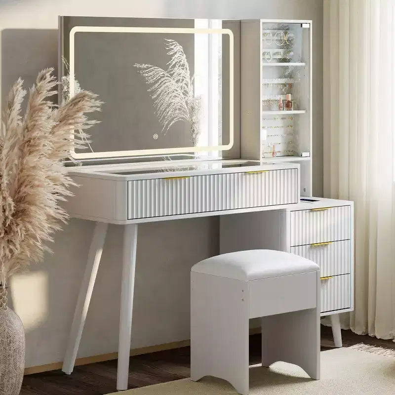 Tocador con espejo iluminado, tocador de maquillaje con estación de carga, mesa de tocador con superficie de vidrio y taburete acolchado con almacenamiento para dormitorio