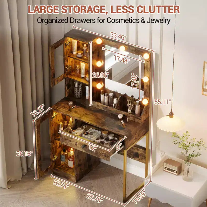 Modern Makeup Vanity Desk with Mirror, 2 Acrylic-Door Cabinets, 2 Open Shelves, Drawers, for Bedroom