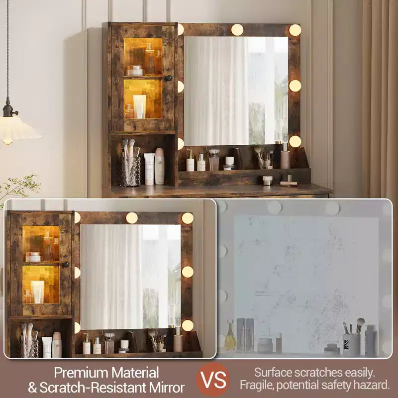 Modern Makeup Vanity Desk with Mirror, 2 Acrylic-Door Cabinets, 2 Open Shelves, Drawers, for Bedroom